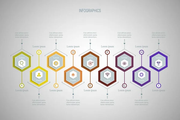 Vektör Infographic Çokgen etiketi, şablon tasarımı. Düzen süreç diyagramı için simge 9 step.Infographic öğesi ile iş kavramı.