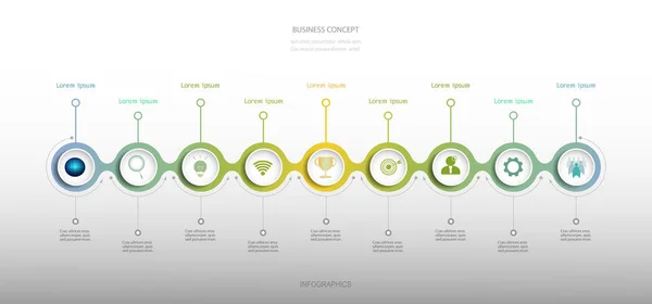 Renkli daire etiket tasarımını Infographics vektör tasarım şablonu. Vektör illüstrasyon iş kavramı, simge, 9 step.Infographic öğesi için iş akışı düzeni, diyagram, web tasarım.