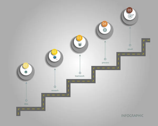 Zaman çizelgesi infographics etikel şablonu ile yol haritası çizmek, vektör çizim daire içine alın. İş kavramı simge, 5 adım veya Düzen süreç diyagramı için processes.Infographic ögesi.