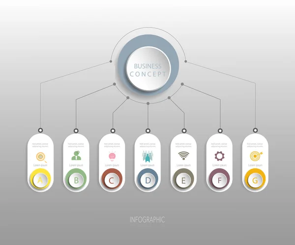 Infographic etiket tasarım simgeler ve 7 seçenekleri veya adımları ile vektör. Bu diyagram, akış şeması, bilgi grafik sunumlar afiş, iş akışı düzeni, işlem iş kavramı için Infographics