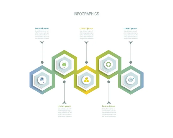 Infographics 다각형 레이블 템플릿 디자인입니다 비즈니스 프로세스 다이어그램 레이아웃에 아이콘 — 스톡 벡터