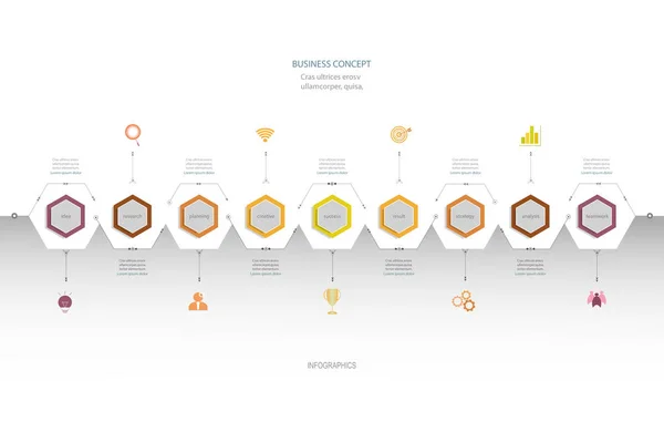 Infographics 다각형 레이블 템플릿 디자인입니다 비즈니스 프로세스 다이어그램 레이아웃에 아이콘 — 스톡 벡터