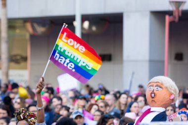 Los Angeles, USA - January 19, 2019: Protester holding a flag during 3rd Womens March in Los Angeles.