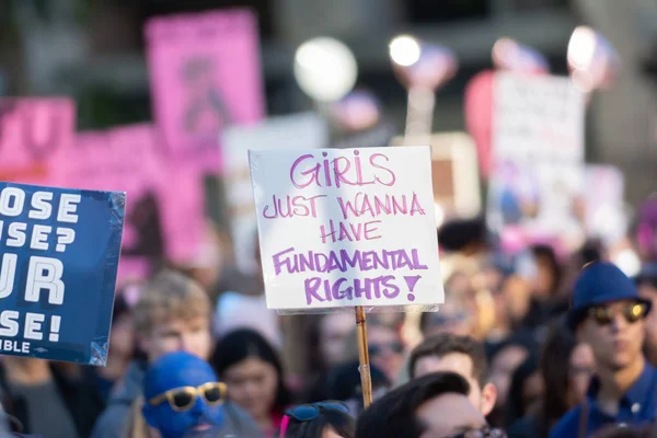 洛杉矶 2019年1月19日 抗议者在洛杉矶举行的第三届妇女游行期间手持标语 — 图库照片
