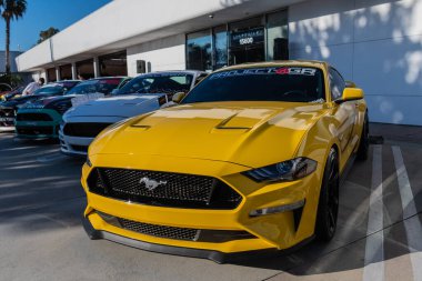 Galpin araba fuarı sırasında Ford Mustang sergileniyor.
