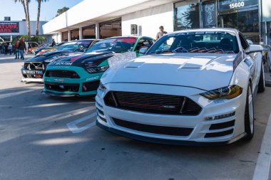 Galpin araba fuarı sırasında Ford Mustang sergileniyor.