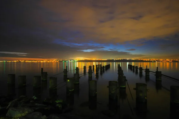 Cais Longa Exposição Pôr Sol — Fotografia de Stock