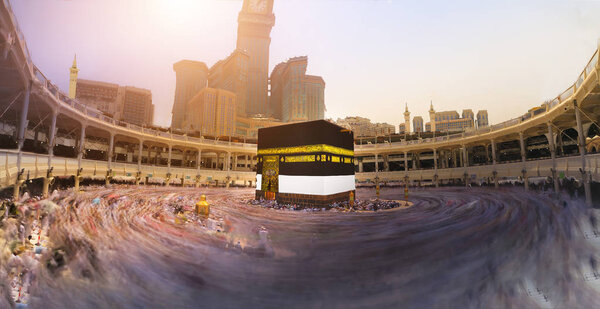 Muslim pilgrims circumambulate the Kaaba near Black Stone at Masjidil Haram in Makkah, Saudi Arabia. Muslims all around the world face the Kaaba during prayer time