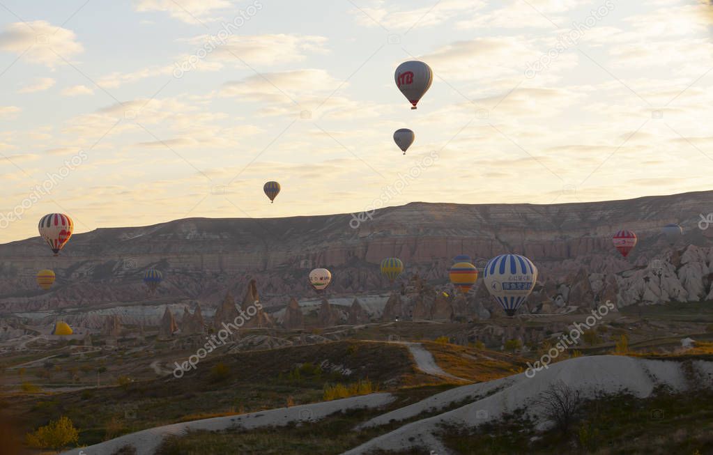 Hot air balloons flying over spectacular Cappadocia.Turkey