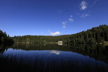 Turistler, yerliler, kampçılar ve Doğu Karadeniz, Savsat, Artvin, Türkiye'de seyahat etmek için popüler bir hedef Karagol (siyah göl) görünümünü manzara