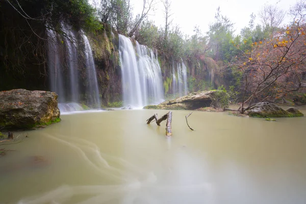 Lower Duden waterfalls on Mediterranean sea coast, Antalya, Turkey, in sunset light