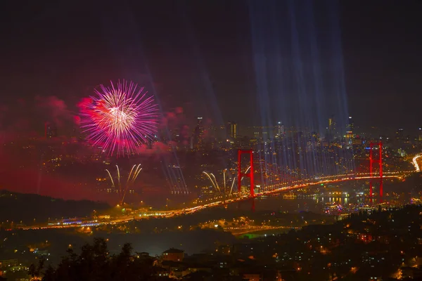 Fyrverkerier Över Bosporen Turkisk Republikens Dag Firande — Stockfoto