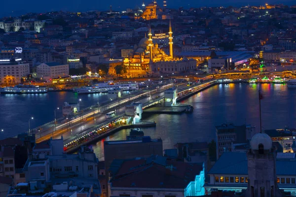 Panoramic view of Golden Horn from Galata Tower. Galata Bridge and Halic Metro Bridge. Istanbul, Turkey.