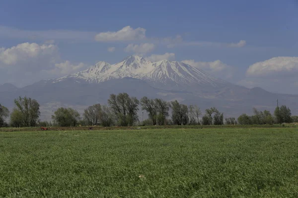 Volkanik dağ Erciyes ve Kayseri tarım arazileri panaromik - Kayseri Türkiye