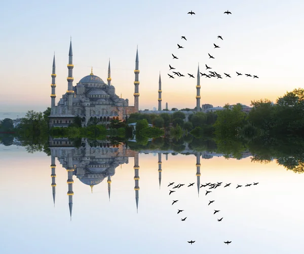 The Blue Mosque in Istanbul, Turkey. (Sultanahmet Camii). The Mosque is decorated with MAHYA specially for Ramadan. Writes to the mahya: \