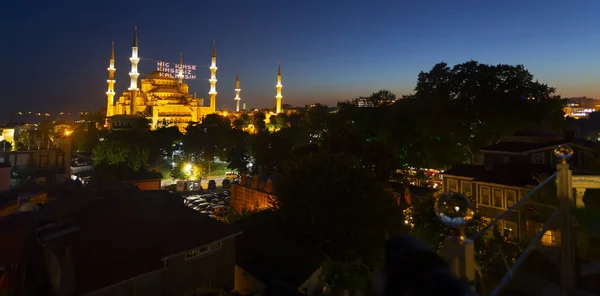 The Blue Mosque in Istanbul, Turkey. (Sultanahmet Camii). The Mosque is decorated with MAHYA specially for Ramadan. Writes to the mahya: \