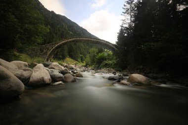 Türkiye'nin Karadeniz bölgesinde sisin altında nehir üzerinde eski tarihi taş köprü. Senyuva'da tarihi Osmanlı köprüsü Taşköprü, Ermenice Cinciva, Rize'de Çamlıhemşin yakınlarındaki Firtina nehri üzerinde