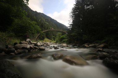 Türkiye'nin Karadeniz bölgesinde sisin altında nehir üzerinde eski tarihi taş köprü. Senyuva'da tarihi Osmanlı köprüsü Taşköprü, Ermenice Cinciva, Rize'de Çamlıhemşin yakınlarındaki Firtina nehri üzerinde