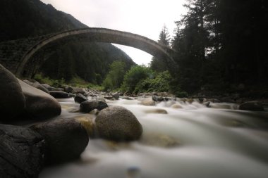 Türkiye'nin Karadeniz bölgesinde sisin altında nehir üzerinde eski tarihi taş köprü. Senyuva'da tarihi Osmanlı köprüsü Taşköprü, Ermenice Cinciva, Rize'de Çamlıhemşin yakınlarındaki Firtina nehri üzerinde