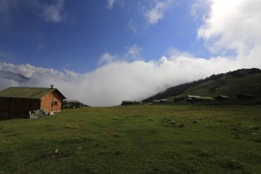 Rize'nin Pokut Yaylası'nda köy evleri, bulutlar ve yeşil çimenler. Karadeniz Bölgesi.
