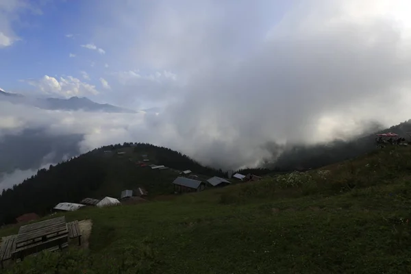 Domy Wsi Chmury Zielona Trawa Pokut Highland Rize Turcja Region — Zdjęcie stockowe