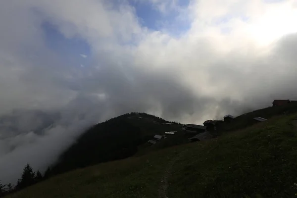 Maisons Village Nuages Herbe Verte Pokut Highland Rize Turquie Région — Photo