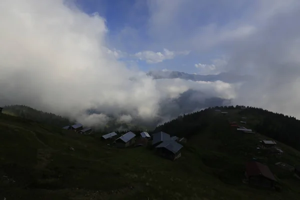 Domy Wsi Chmury Zielona Trawa Pokut Highland Rize Turcja Region — Zdjęcie stockowe