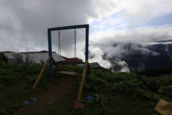 Landschap Foto Van Houten Huizen Mist Die Betrekking Heeft Gito — Stockfoto