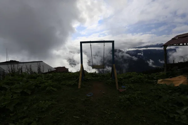 Landschap Foto Van Houten Huizen Mist Die Betrekking Heeft Gito — Stockfoto