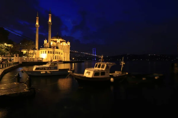 Ortakoy Mosque and Bosphorus Bridge (15th July Martyrs Bridge) night view. Istanbul, Turkey.