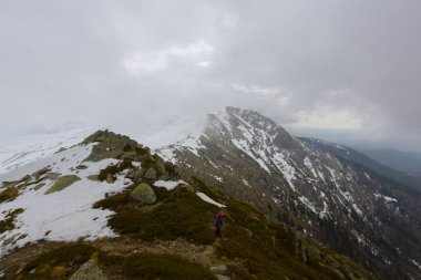 Karlı çam ormanında dağ kulübesi. Gün batımında karlı çam ormanı. Uludağ Milli Parkı, Bursa.