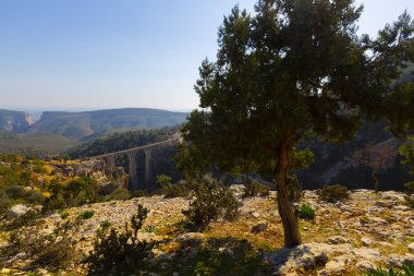 Dağ demiryolu köprüsü panoraması. Dağ demiryolu köprüsü görünümü. Dağlarda demiryolu köprüsü. Dağ demiryolu köprü sahnesi