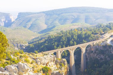 Dağ demiryolu köprüsü panoraması. Dağ demiryolu köprüsü görünümü. Dağlarda demiryolu köprüsü. Dağ demiryolu köprü sahnesi