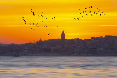 İstanbul Türkiye'de gün batımından sonra Galata Kulesi