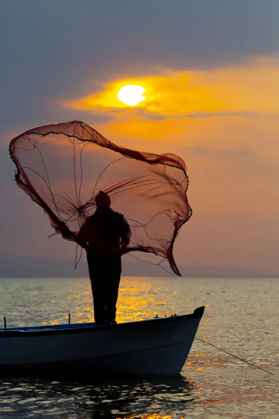 Silhouette Filets Pêche Pêcheur Sur Bateau — Photo