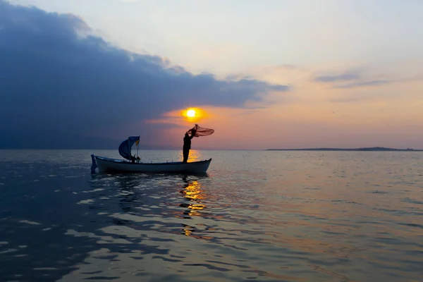 Silhouette Filets Pêche Pêcheur Sur Bateau — Photo