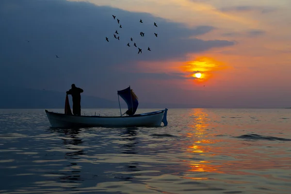 Silueta Redes Pesca Pescadores Barco — Foto de Stock