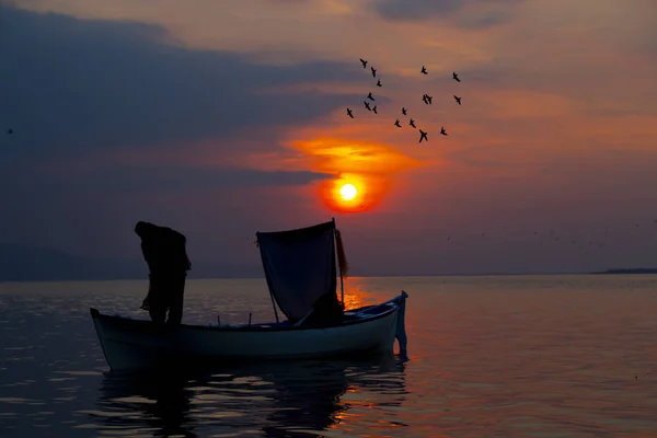 Silueta Redes Pesca Pescadores Barco — Foto de Stock