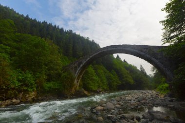 Türkiye'nin Karadeniz bölgesinde sisin altında nehir üzerinde eski tarihi taş köprü. Senyuva'da tarihi Osmanlı köprüsü Taşköprü, Ermenice Cinciva, Rize'de Çamlıhemşin yakınlarındaki Firtina nehri üzerinde