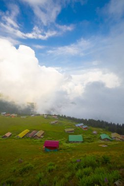 Türkiye'nin kuzeydoğusundaki Karadeniz bölgesinin yeşil doğası, karlı dağları ve geleneksel ahşap yayla evleri (yayla evi). Haziran 2019'da Rize'nin Pokut Yaylası'nda manzara çekimi yapıldı.