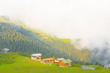 Türkiye'nin kuzeydoğusundaki Karadeniz bölgesinin yeşil doğası, karlı dağları ve geleneksel ahşap yayla evleri (yayla evi). Haziran 2019'da Rize'nin Pokut Yaylası'nda manzara çekimi yapıldı.