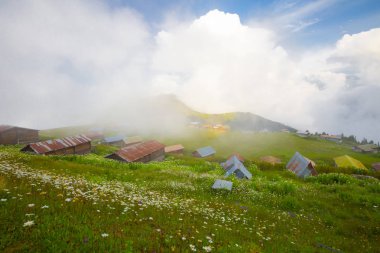 Türkiye'nin kuzeydoğusundaki Karadeniz bölgesinin yeşil doğası, karlı dağları ve geleneksel ahşap yayla evleri (yayla evi). Haziran 2019'da Rize'nin Pokut Yaylası'nda manzara çekimi yapıldı.