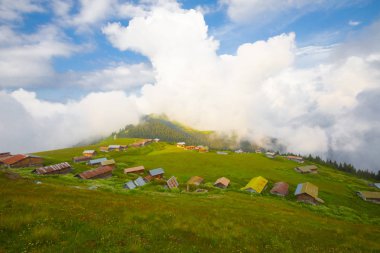 Türkiye'nin kuzeydoğusundaki Karadeniz bölgesinin yeşil doğası, karlı dağları ve geleneksel ahşap yayla evleri (yayla evi). Haziran 2019'da Rize'nin Pokut Yaylası'nda manzara çekimi yapıldı.