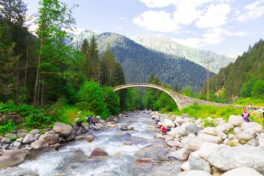 Türkiye'nin Karadeniz bölgesinde sisin altında nehir üzerinde eski tarihi taş köprü. Senyuva'da tarihi Osmanlı köprüsü Taşköprü, Ermenice Cinciva, Rize'de Çamlıhemşin yakınlarındaki Firtina nehri üzerinde