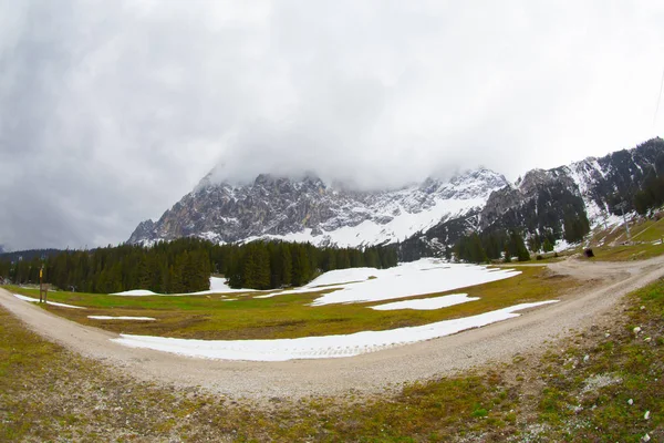 Masif Zugspitze Údolí Ehrwaldu Slunečného Zimního Dne Popředí Kvetou Lyžařské — Stock fotografie