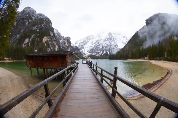 Lago Braies Las Montañas Dolomitas Sendero Forestal Fondo Sudtirol Italia — Foto de Stock