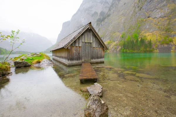 Gyönyörű Kilátás Nyílik Hagyományos Fából Készült Csónakház Partján Híres Obersee — Stock Fotó