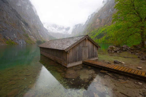 Gyönyörű Kilátás Nyílik Hagyományos Fából Készült Csónakház Partján Híres Obersee — Stock Fotó