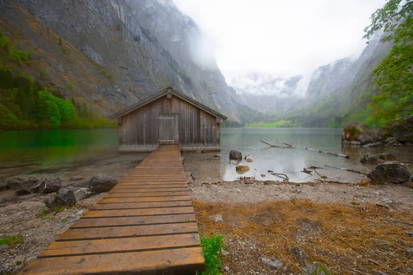 Gyönyörű Kilátás Nyílik Hagyományos Fából Készült Csónakház Partján Híres Obersee — Stock Fotó