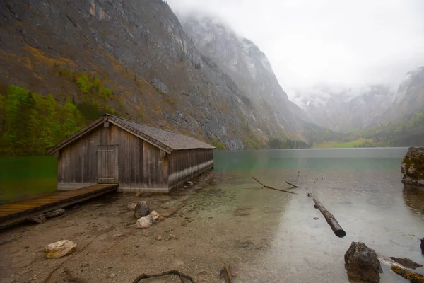 Gyönyörű Kilátás Nyílik Hagyományos Fából Készült Csónakház Partján Híres Obersee — Stock Fotó